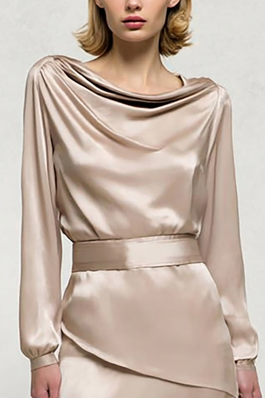 Champagne Satin Cowl Neck Midi Work Dress with Sleeves