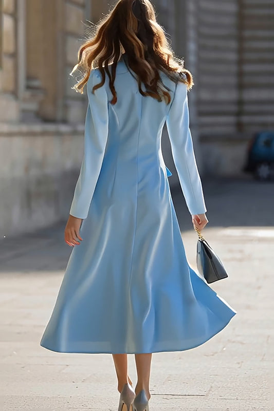 Sky Blue Peak Lapel Pencil One Button Midi Blazer Dress with Sleeves