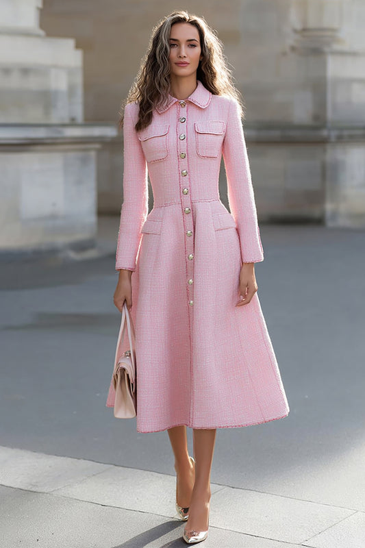 Pink Collar Neck Long Sleeves A Line Tweed Midi Work Dress