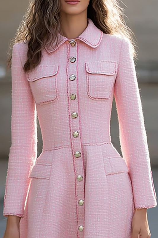 Pink Collar Neck Long Sleeves A Line Tweed Midi Work Dress