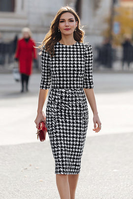 Black and White Pencil Half Sleeves Tweed Plaid Midi Work Dress