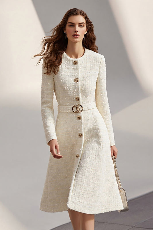 Ivory Long Sleeves Round Neck Tweed Midi Work Dress with Belt