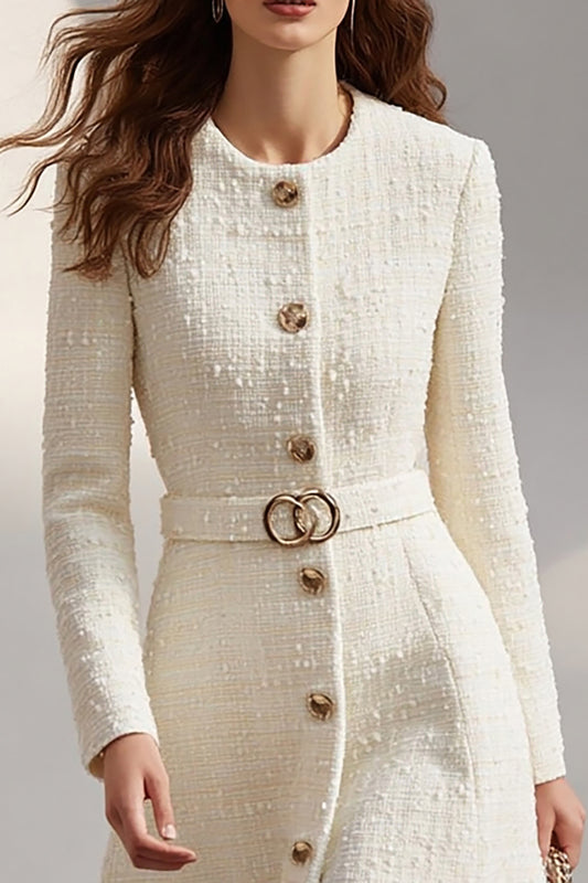 Ivory Long Sleeves Round Neck Tweed Midi Work Dress with Belt