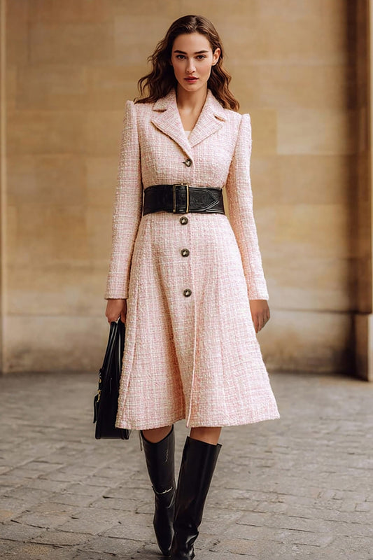 Pink Notched Lapel Long Sleeves Tweed Midi Work Dress with Belt