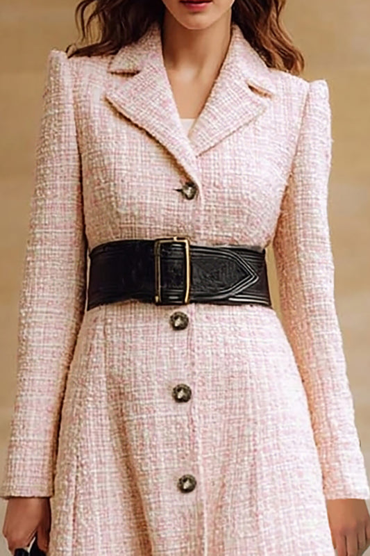 Pink Notched Lapel Long Sleeves Tweed Midi Work Dress with Belt