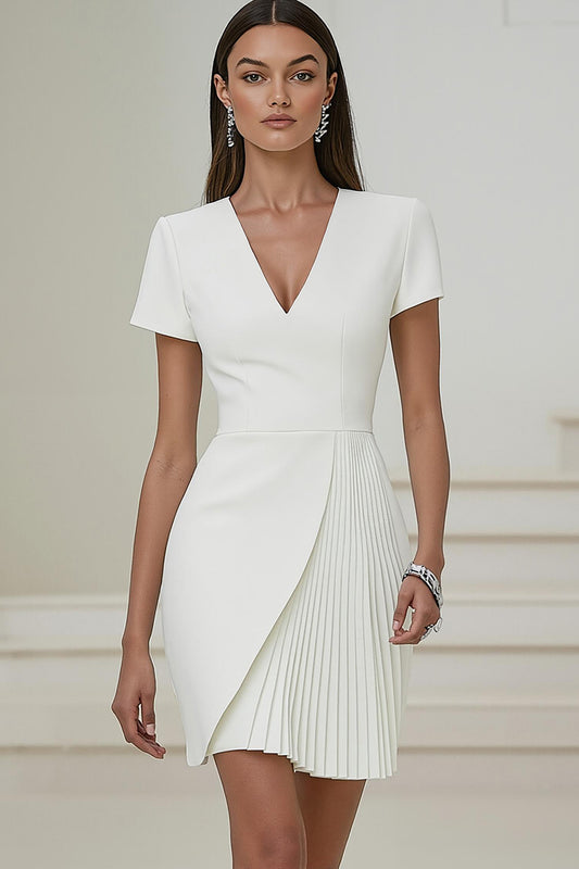Ivory V-Neck Pencil Pleated Short Work Dress with Sleeves