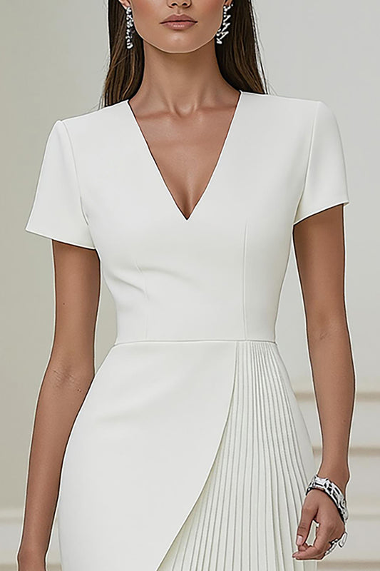 Ivory V-Neck Pencil Pleated Short Work Dress with Sleeves
