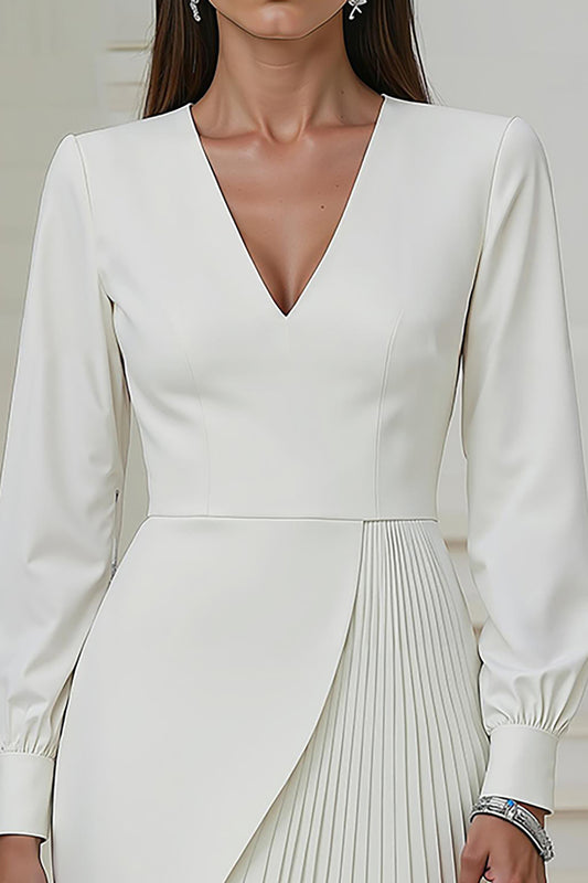Ivory Pencil V-Neck Pleated Short Work Dress with Sleeves