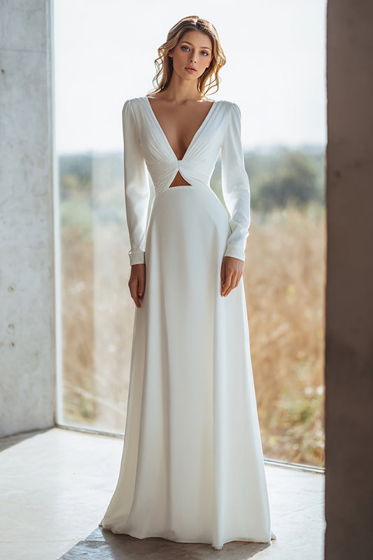 Ivory V-Neck Sheath Floor Length Wedding Dress with Sleeves