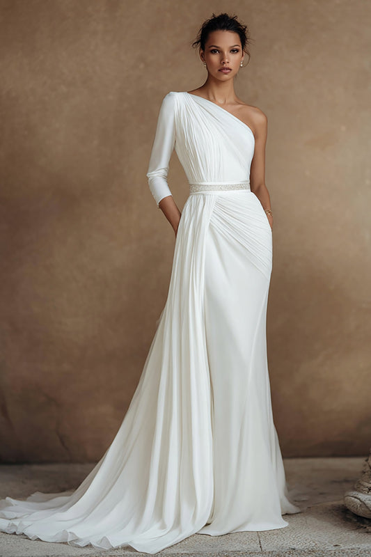 Ivory One Shoulder 3/4 Sleeves Sweep Train Wedding Dress with Side Cape