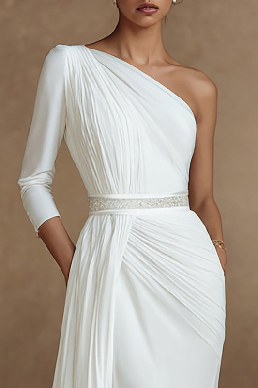 Ivory One Shoulder 3/4 Sleeves Sweep Train Wedding Dress with Side Cape