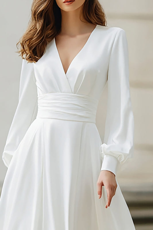 Simple Ivory A Line V-Neck Long Sleeves Floor Length Wedding Dress