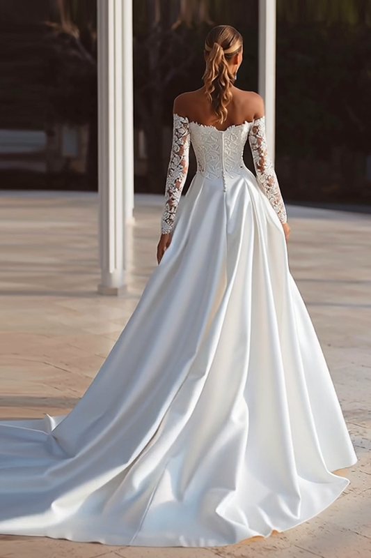 Ivory Off The Shoulder Sweep Train Long Sleeves Wedding Dress with Slit