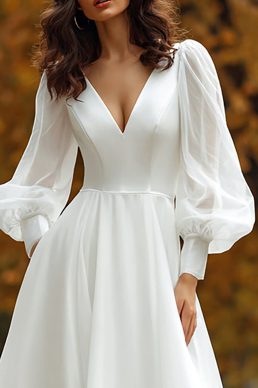 Ivory V-Neck Long Sleeves A Line Sweep Train Wedding Dress