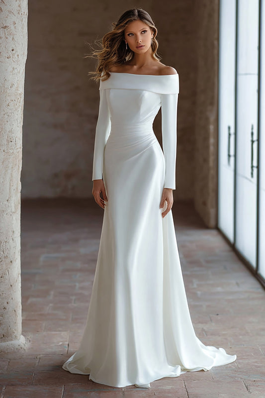 Ivory Satin Off The Shoulder Sweep Train Wedding Dress with Sleeves