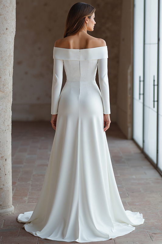 Ivory Satin Off The Shoulder Sweep Train Wedding Dress with Sleeves