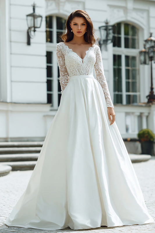 Ivory V-Neck Floor-Length Long Sleeves Wedding Dress with Lace