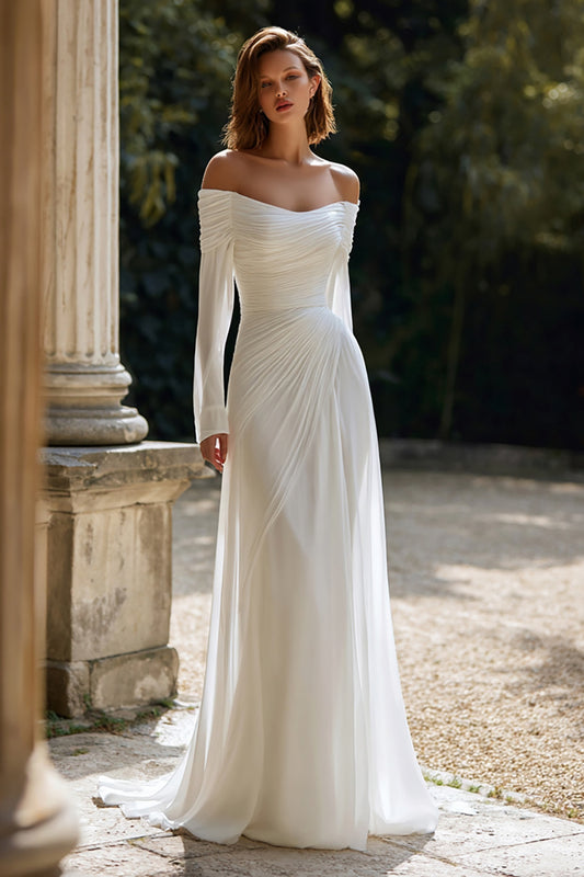 Ivory Off The Shoulder Long Sleeves Sheath Sweep Train Wedding Dress
