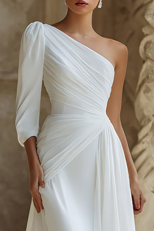 Ivory One Shoulder Sweep Train Wedding Dress with Sleeves