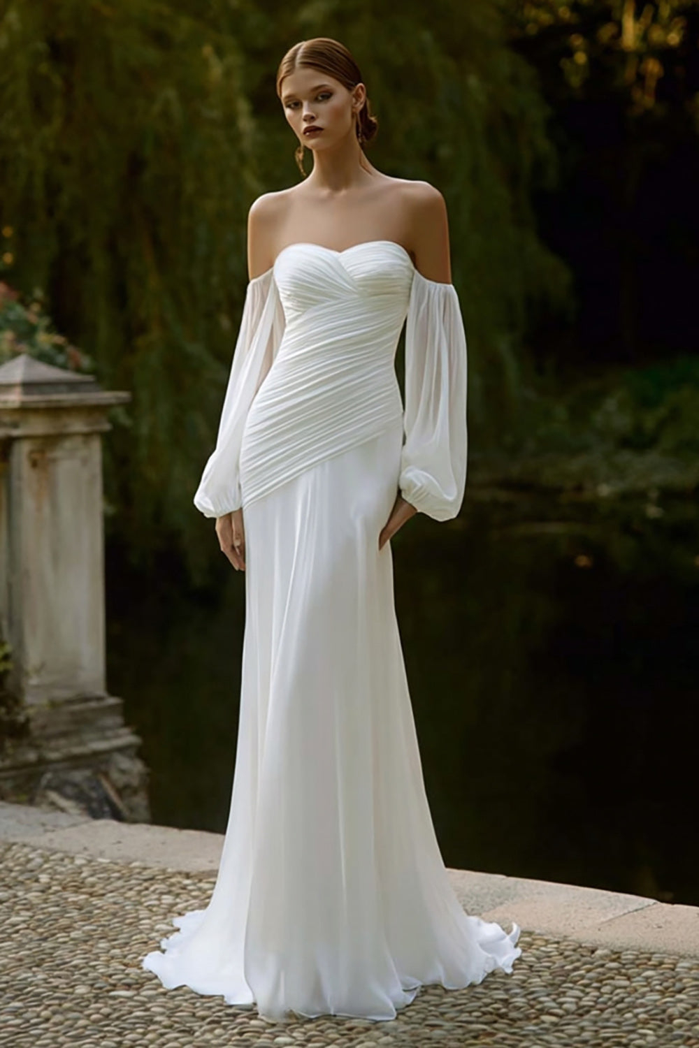 ivory chiffon wedding dress Zapaka Women Vintage Ivory Chiffon Boho Wedding Dress with Lace Round Neck Short Sleeves Bridal Dress, Ivory / US16