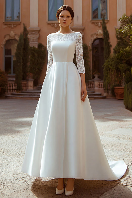 Ivory A Line Boat Neck Satin Sweep Train Wedding Dress with Lace