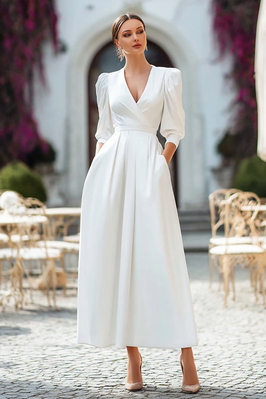Ivory V-Neck A Line Satin Long Engagement Dress with Pockets