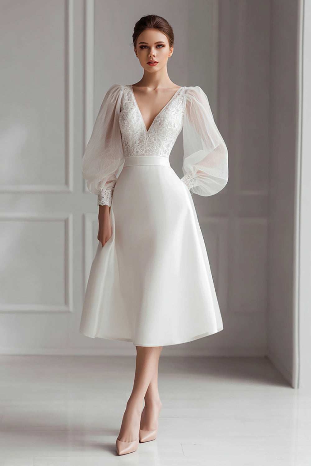 Zapakasa Women Ivory Stain Short Wedding Dress with Lace V-Neck A Line Engagement Dress with Sleeves Zapakasa Women Ivory Stain Short Wedding Dress with Lace V-Neck A Line Engagement Dress with Sleeves