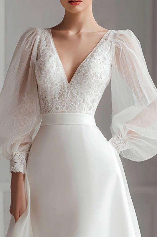 Ivory V-Neck A Line Short Wedding Dress with Lace