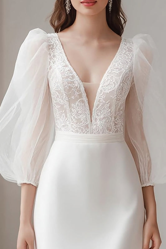 Ivory V-Neck Bodycon Short Wedding Dress with Lace