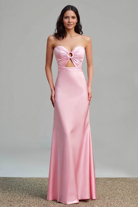 Pink Strapless Keyhole Long Satin Bridesmaid Dress