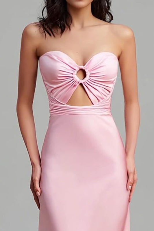 Pink Strapless Keyhole Long Satin Bridesmaid Dress