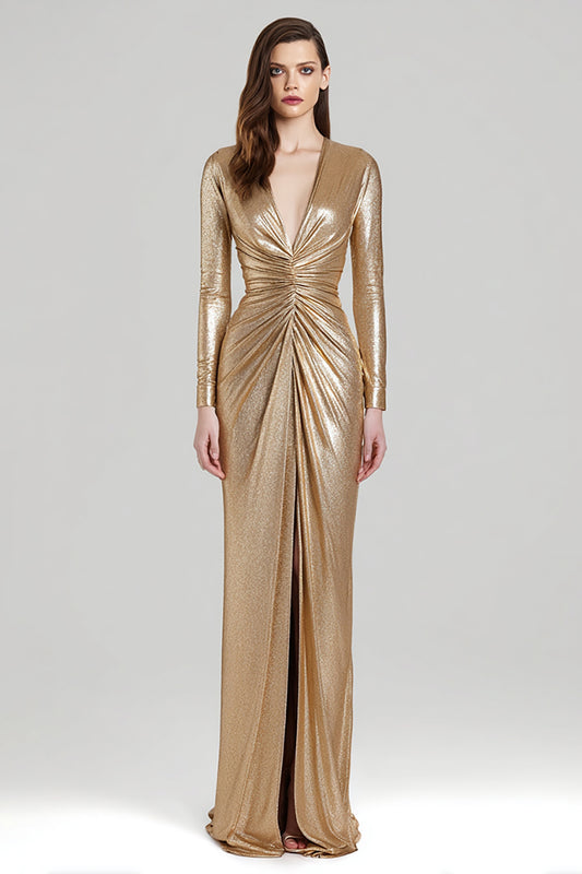 Zapakasa Women Sparkly Gold Metallic Ruched Long Formal Dress with Slit V-Neck Sheath Holiday Party Dress with Sleeves