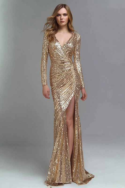Zapakasa Women Sparkly Gold Sequin Ruched Long Formal Dress with Slit V-Neck Mermaid Holiday Party Dress with Sleeves