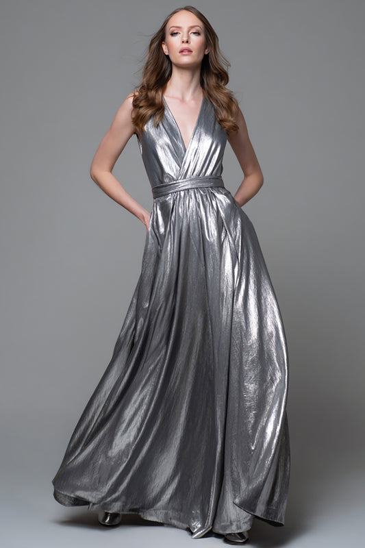 Sparkly Silver Metallic V-Neck A-Line Long Formal Dress