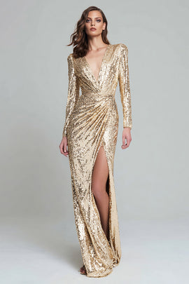 Sparkly Light Gold Sequin V-Neck Long Sleeves Long Formal Dress