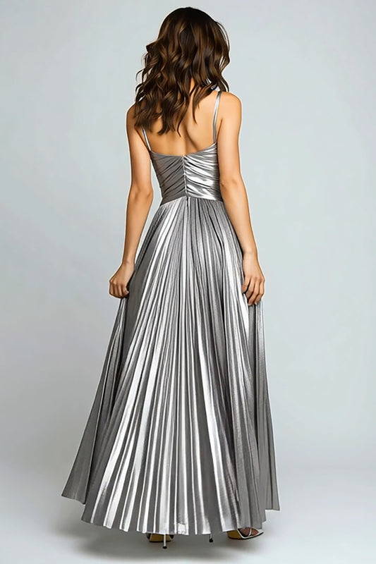 Silver Metallic Pleated Spaghetti Straps Long Formal Dress with Slit
