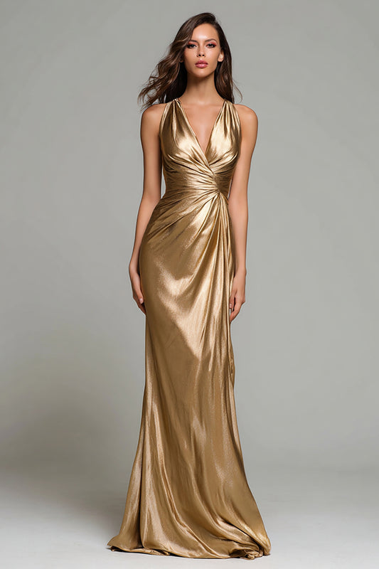 Sparkly Gold Metallic Ruched V-Neck Mermaid Long Formal Dress