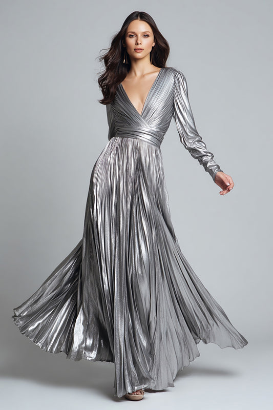 Sparkly Silver Metallic Pleated A-Line Long Formal Dress with Sleeves
