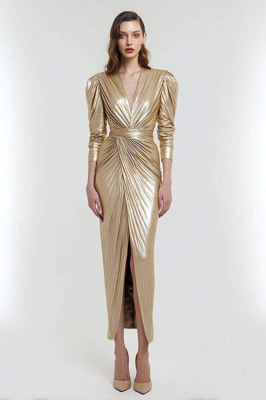 Light Gold V-Neck Metallic Sheath Long Formal Dress with Sleeves