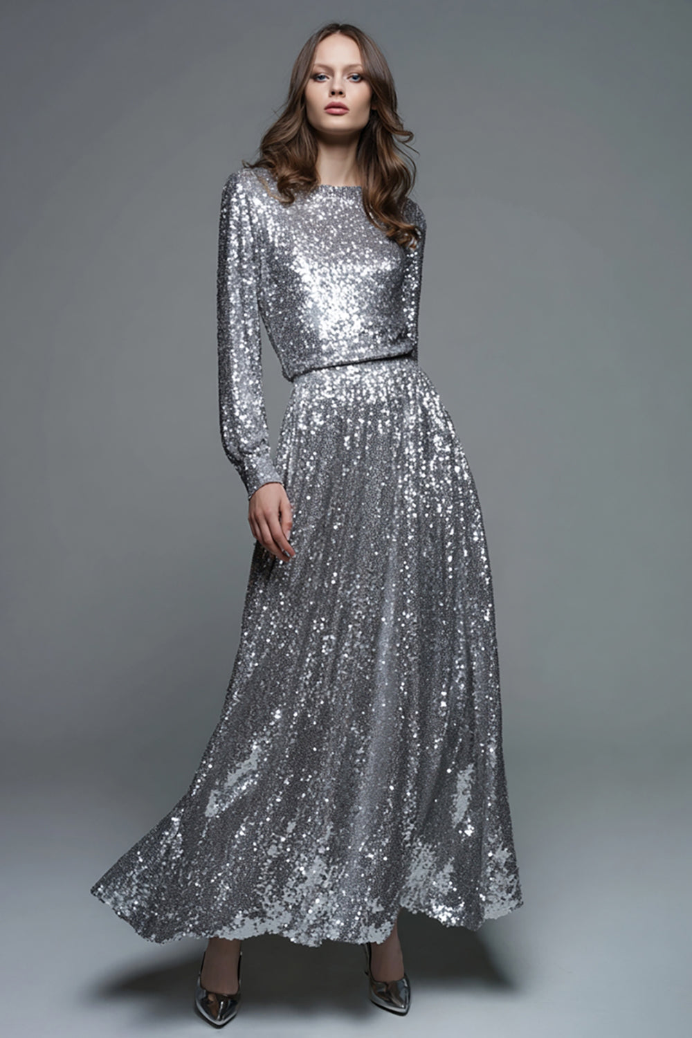 Zapakasa Women Sparkly Silver Sequin Long Formal Dress with Sleeves A-Line Round Neck Holiday Party Dress Zapakasa Women Sparkly Silver Sequin Long Formal Dress with Sleeves A-Line Round Neck Holiday Party Dress
