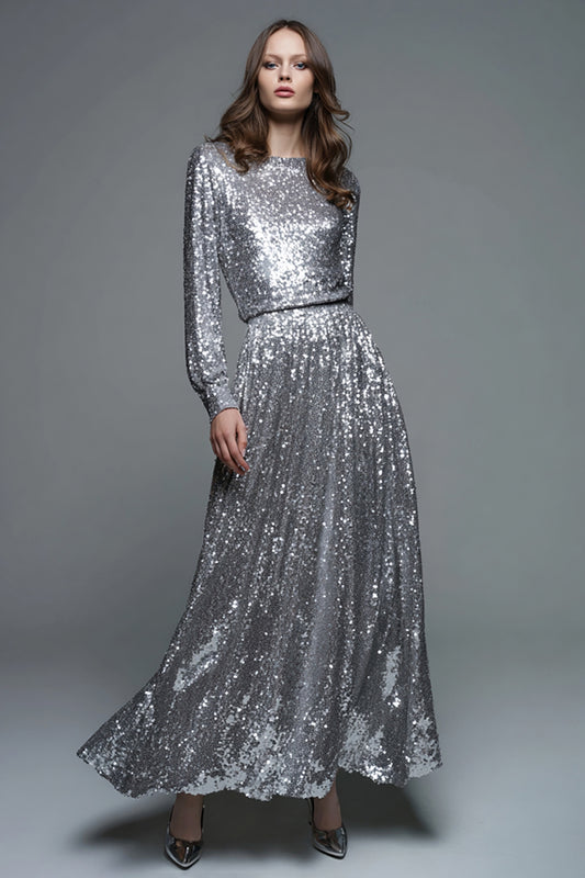 Sparkly Silver A-Line Sequin Long Formal Dress with Sleeves