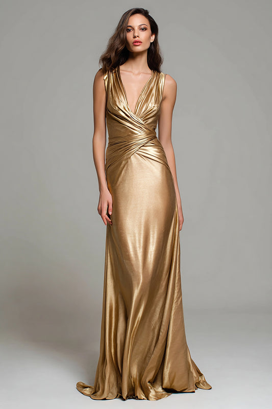 Sparkly Gold Metallic Mermaid V-Neck Long Formal Dress