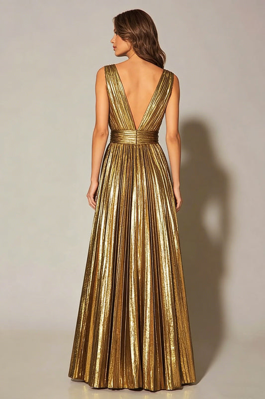 Sparkly Gold Metallic Pleated A-Line V-Neck Long Formal Dress