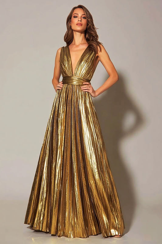 Sparkly Gold Metallic Pleated A-Line V-Neck Long Formal Dress