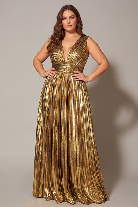 Sparkly Gold Plus Size Metallic A-Line V-Neck Pleated Long Formal Dress