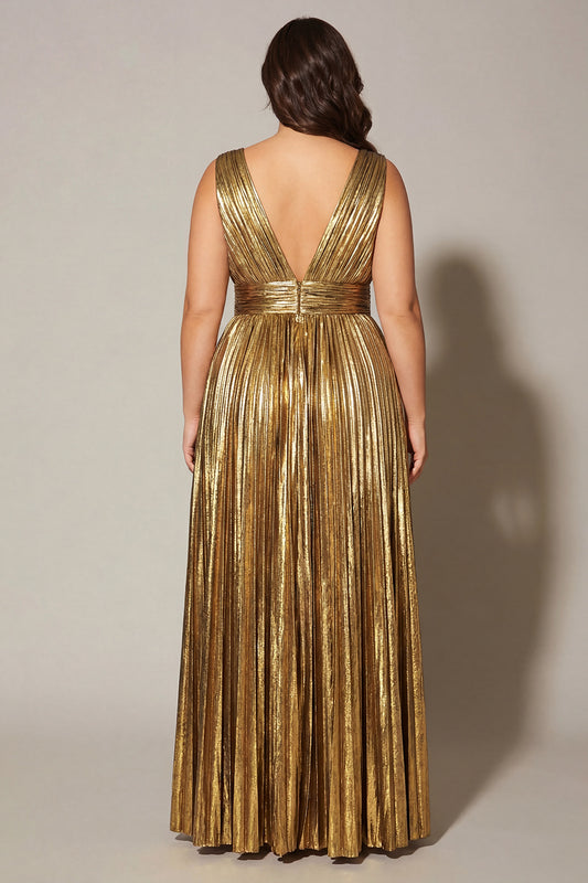 Sparkly Gold Plus Size Metallic A-Line V-Neck Pleated Long Formal Dress