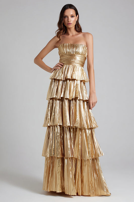 Sparkly Gold Metallic Pleated A-Line Ruffled Long Formal Dress