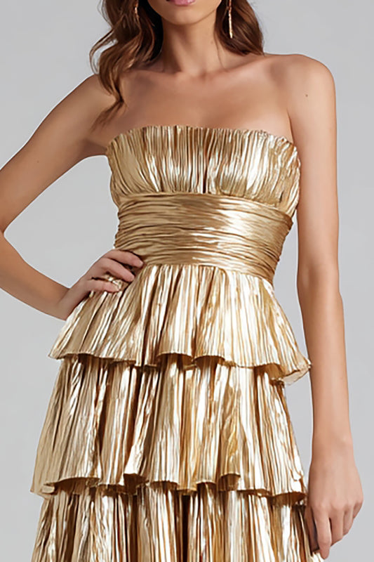 Sparkly Gold Metallic Pleated A-Line Ruffled Long Formal Dress