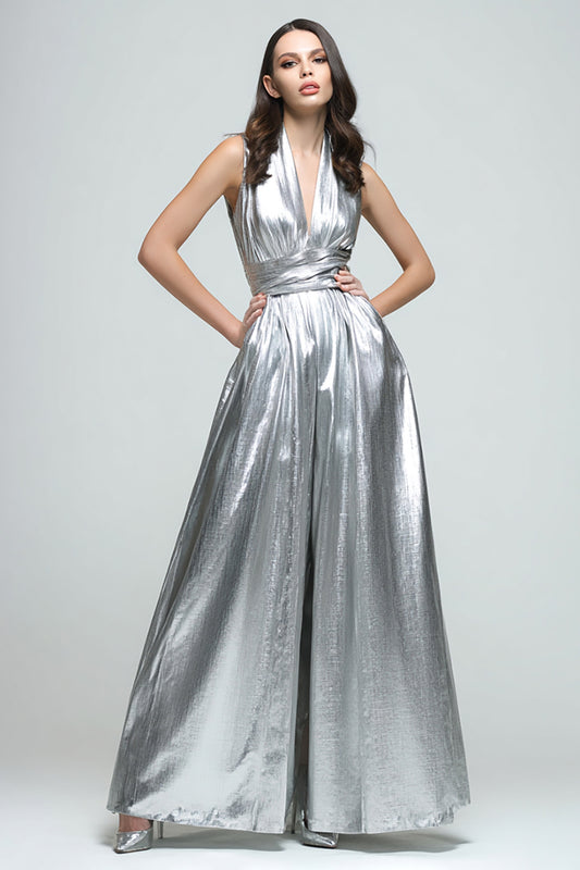 Sparkly Silver Metallic A-Line V-Neck Long Formal Dress