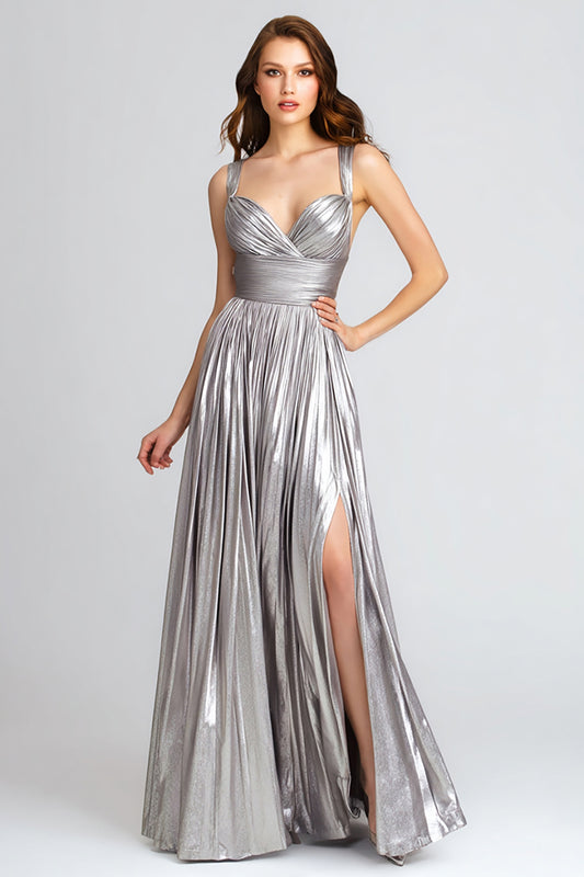Sparkly Silver A-Line Metallic Pleated Long Formal Dress with Slit